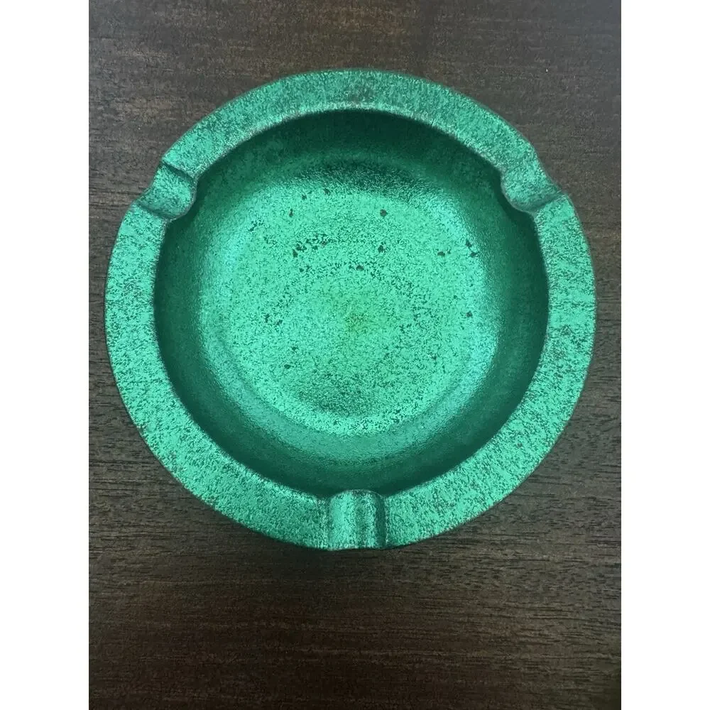 Vintage Set of 3 Aluminum Ashtrays Green 3 Butt Rests Oxidation Stains MCM VTG